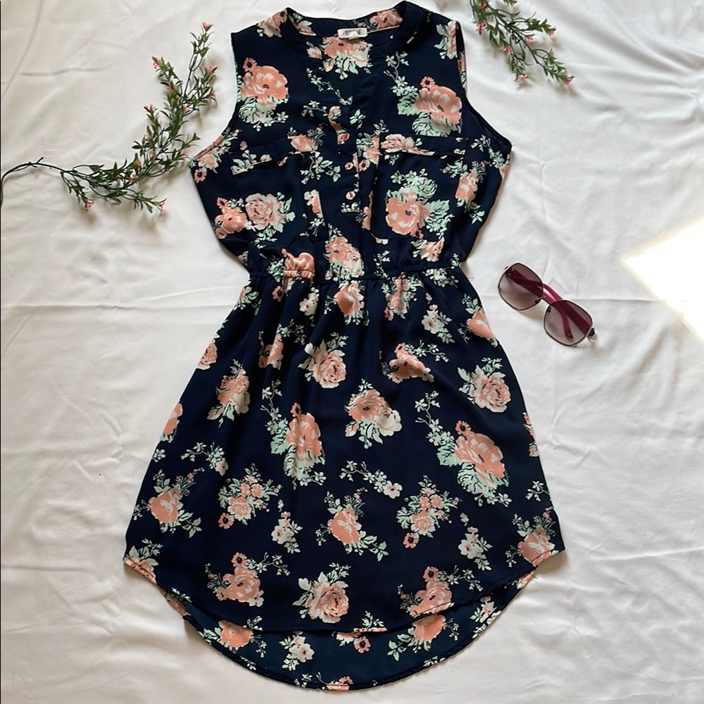 Ardene Floral Sleeveless Dress Navy Pink High Low Elastic Waist Pockets Medium M